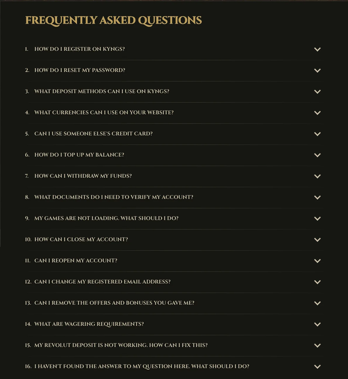 Page FAQ de Kyngs avec seize questions en anglais