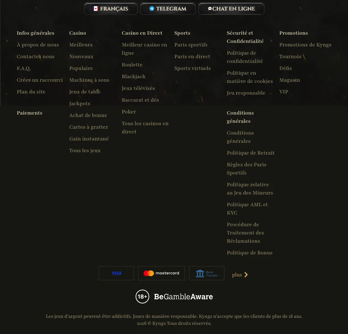 Pied de page de Kyngs en français avec Visa, Mastercard, virement bancaire et la mention 18+