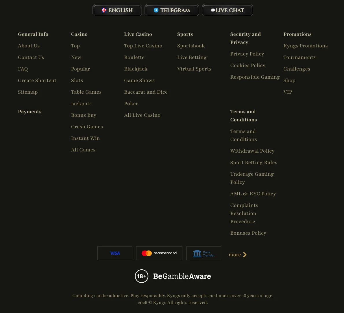 Pied de page de Kyngs avec les logos Visa, Mastercard et virement bancaire et la mention 18+