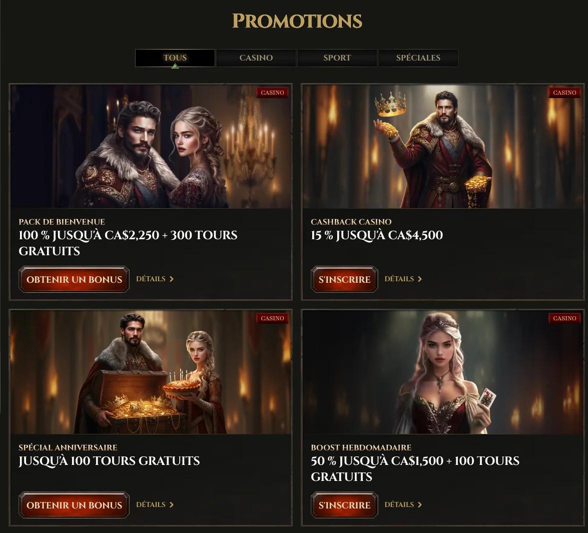 Page promotions de Kyngs en interface française, cartes d’offres avec montants en dollars canadiens