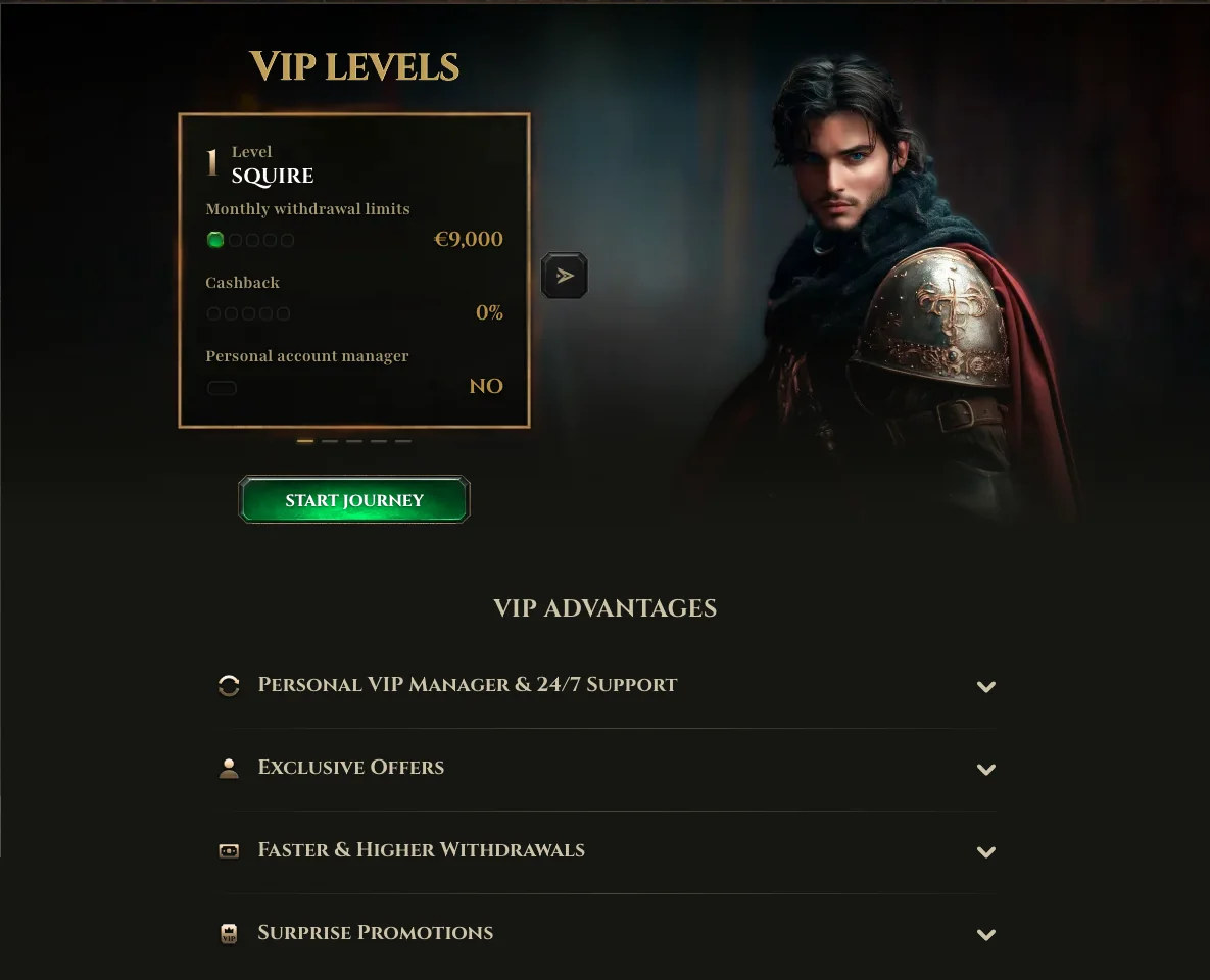 Page VIP Levels de Kyngs montrant le niveau Squire et la liste des avantages